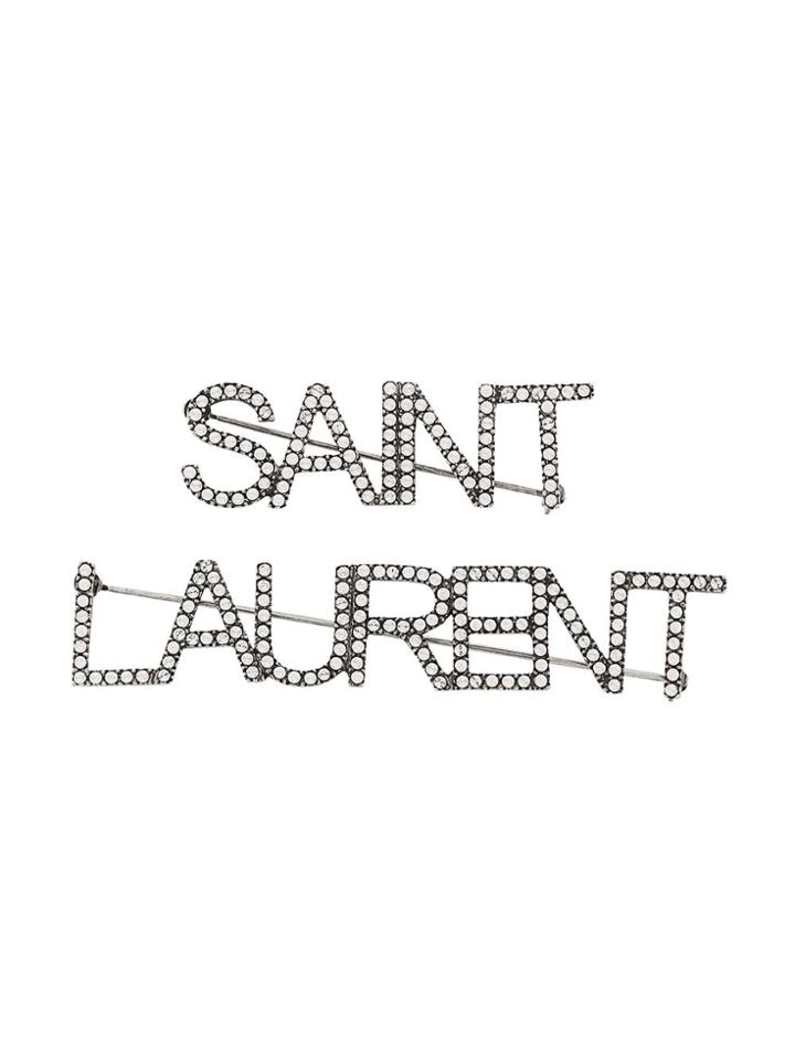Saint Laurent Crystal Logo Brooch - Silver