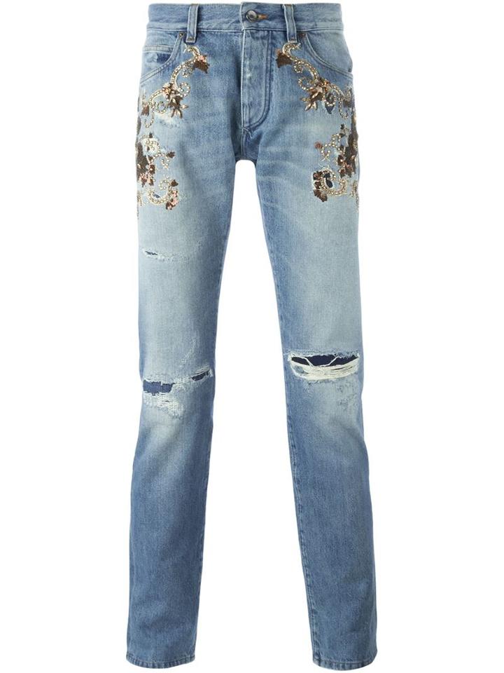 Dolce & Gabbana Embroidered Embellished Jeans, Men's, Size: 52, Blue, Cotton/cupro/polyester/metallic Fibre
