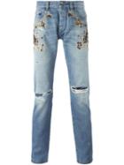 Dolce & Gabbana Embroidered Embellished Jeans, Men's, Size: 52, Blue, Cotton/cupro/polyester/metallic Fibre
