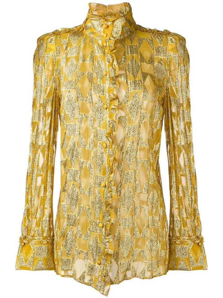 Roberto Cavalli Runway Ruffled Jacquard Blouse, Women's, Size: 40, Grey, Silk/polyester
