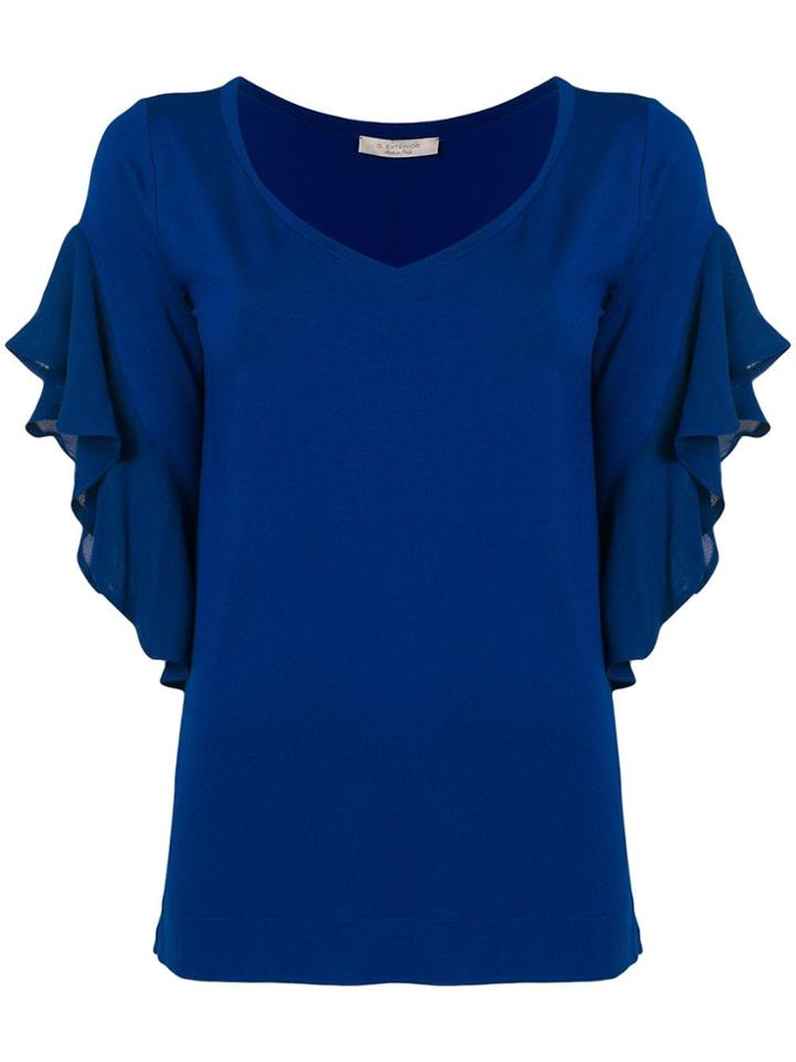 D.exterior V-neck Frilled Blouse - Blue