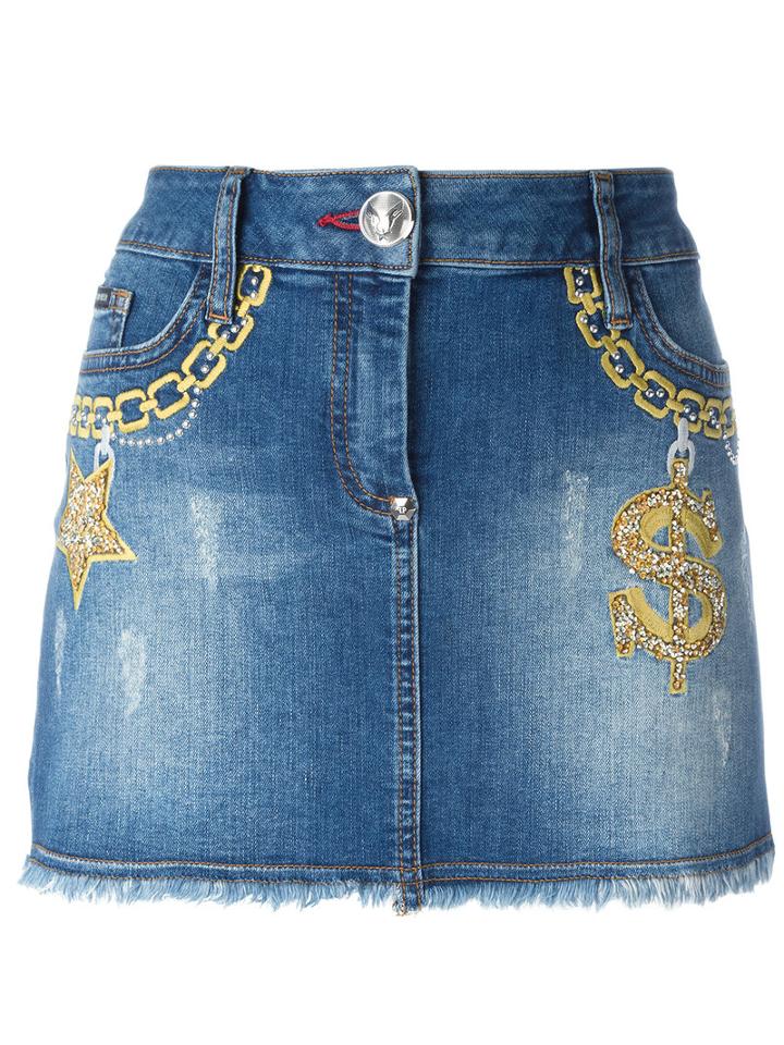 Philipp Plein Embroidered Short Denim Skirt, Women's, Size: 28, Blue, Cotton/spandex/elastane