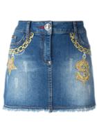 Philipp Plein Embroidered Short Denim Skirt, Women's, Size: 28, Blue, Cotton/spandex/elastane