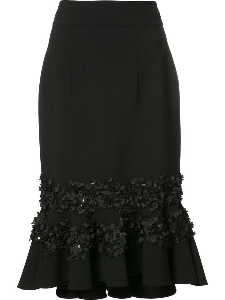 Carolina Herrera Floral Embroidery Ruffled Skirt, Women's, Size: 8, Black, Virgin Wool