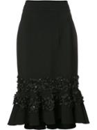 Carolina Herrera Floral Embroidery Ruffled Skirt, Women's, Size: 8, Black, Virgin Wool
