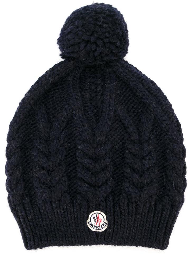 Moncler Pompom Cable Knit Beanie, Women's, Blue, Acrylic/wool/alpaca