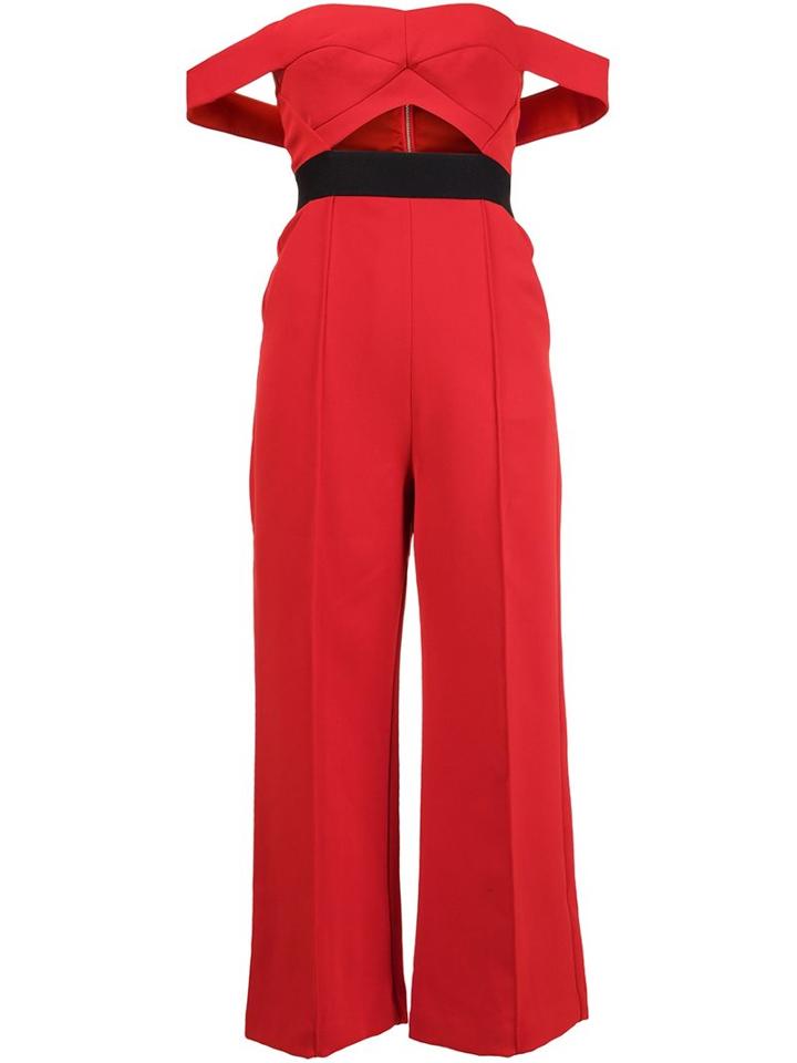 Self-portrait Off Shoulder Flared Jumpsuit, Women's, Size: 10, Red, Cotton/polyester