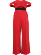 Self-portrait Off Shoulder Flared Jumpsuit, Women's, Size: 10, Red, Cotton/polyester