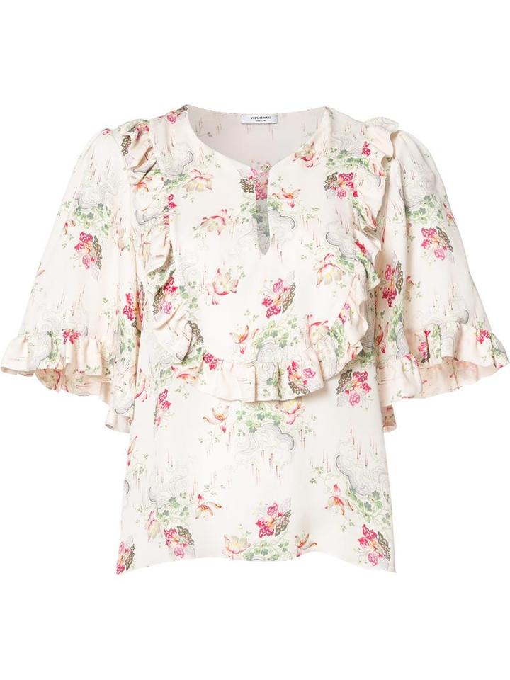 Vilshenko Floral Print Blouse, Women's, Size: 4, Nude/neutrals, Silk