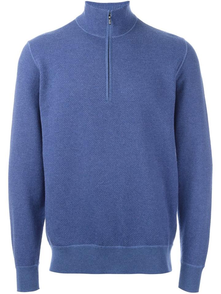 Loro Piana Zipped Roll Neck Jumper, Men's, Size: 56, Blue, Cashmere
