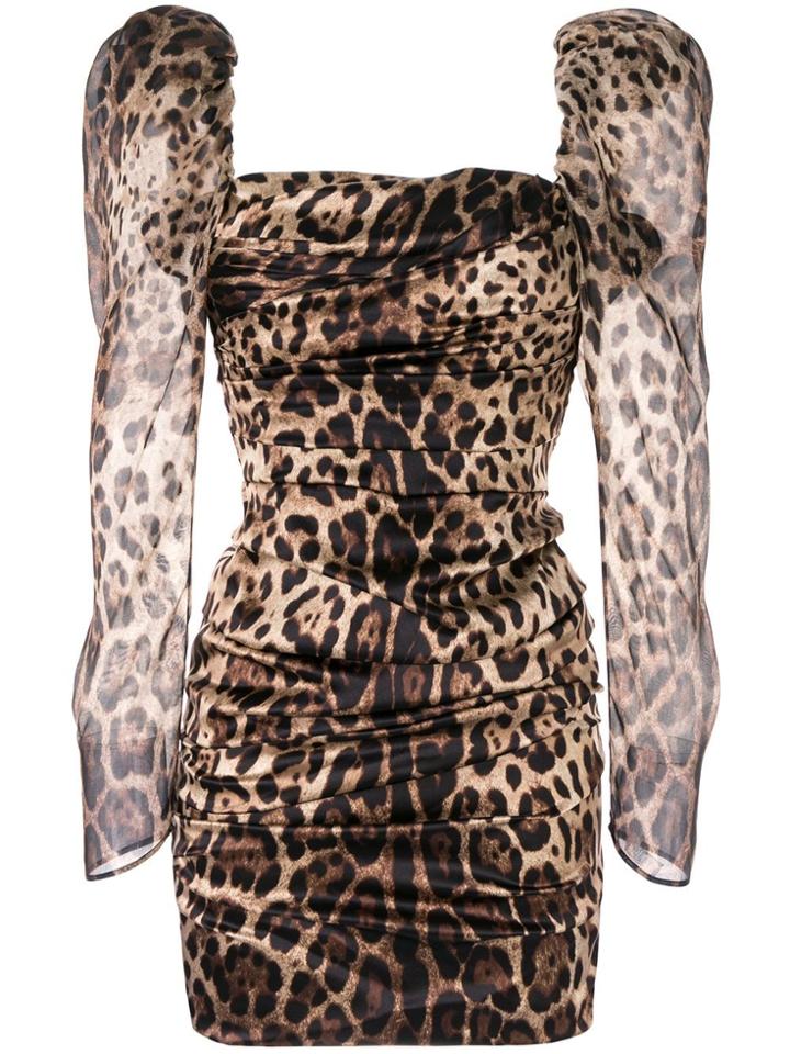 Dolce & Gabbana Leopard Print Puff Shoulder Dress - Brown