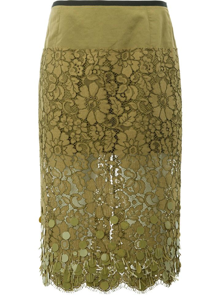 Dries Van Noten Lace Detail Pencil Skirt, Women's, Size: 36, Green, Cotton/polyamide/viscose