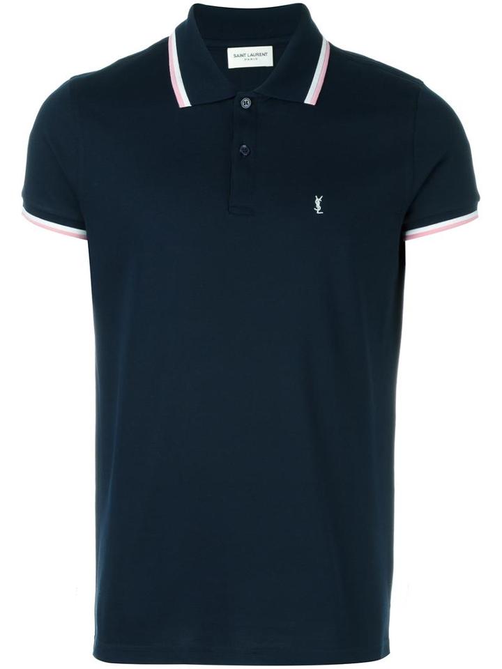 Saint Laurent Striped Trim Polo Shirt, Men's, Size: Small, Blue, Cotton