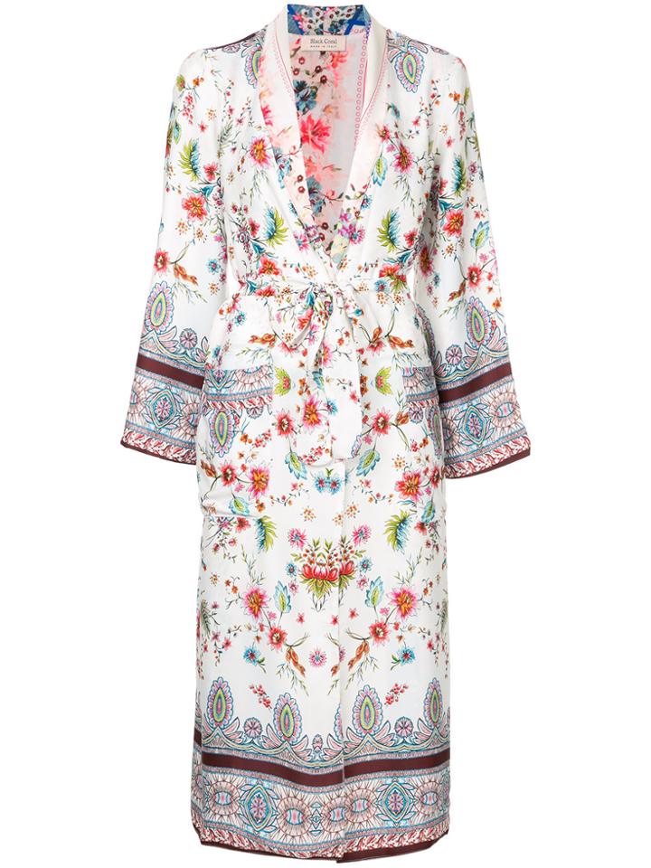 Black Coral Floral Print Coat - Multicolour