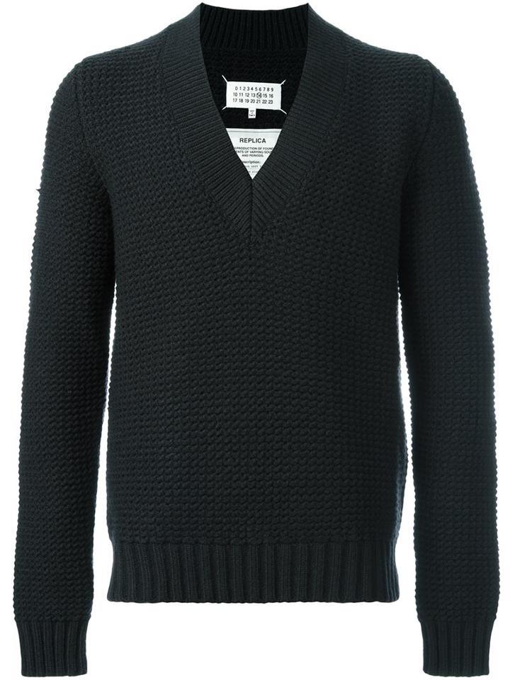Maison Margiela Chunky Knit V-neck Sweater, Men's, Size: Xl, Blue, Polyamide/wool