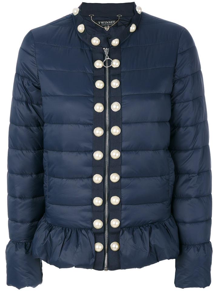 Twin-set - Pearled Trim Puffer Jacket - Women - Polyamide/polyester - 44, Blue, Polyamide/polyester