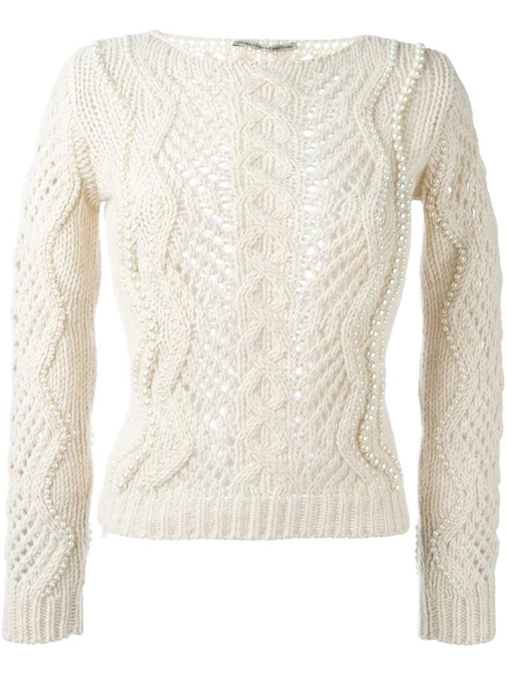 Ermanno Scervino Cable Knit Pearled Jumper, Women's, Size: 44, Nude/neutrals, Acrylic/alpaca/wool/enamel