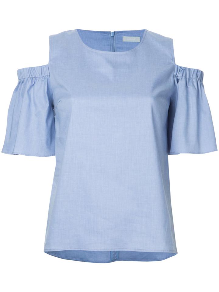Estnation - Frill Sleeve Cold Shoulder Top - Women - Polyester - 36, Blue, Polyester