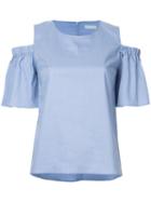 Estnation - Frill Sleeve Cold Shoulder Top - Women - Polyester - 36, Blue, Polyester