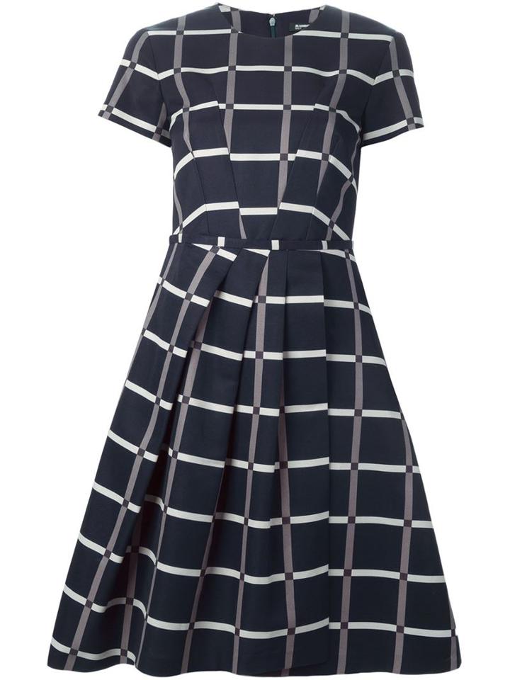 Jil Sander Navy Pleated Check Print Dress, Women's, Size: 38, Blue, Cotton/acetate/rayon