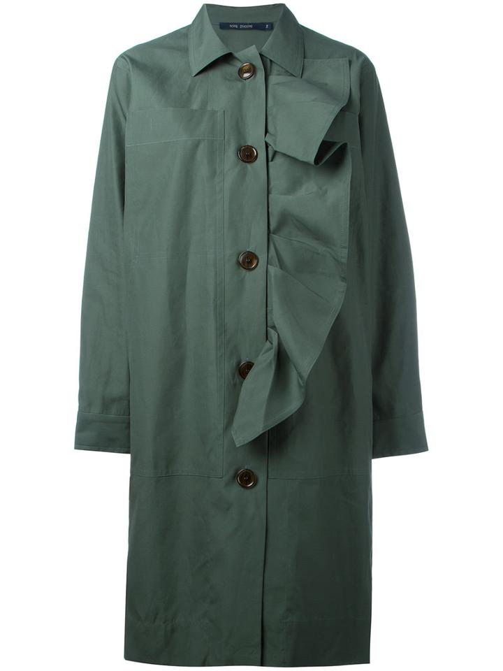 Sofie D'hoore Ruffle Trim Buttoned Coat, Women's, Size: 40, Green, Cotton