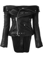 Faith Connexion Off-shoulder Biker Jacket, Women's, Size: 38, Black, Cotton/polyester/lamb Skin/viscose