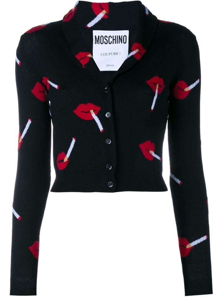 Moschino Cigarette Lips Intarsia Knit Cardigan, Women's, Size: 38, Black, Wool