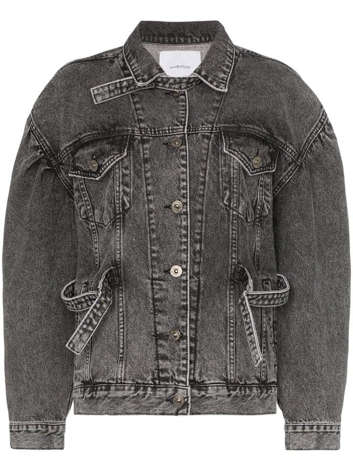 Pushbutton Buckle Embellished Peasant Sleeve Denim Jacket - Black