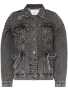 Pushbutton Buckle Embellished Peasant Sleeve Denim Jacket - Black