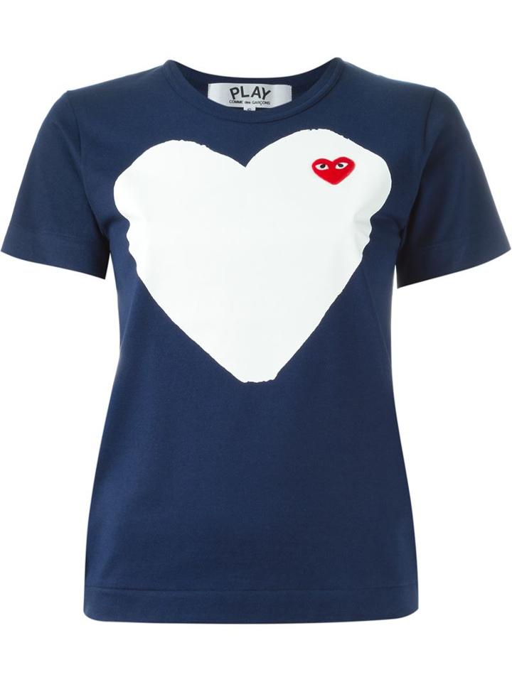 Heart Print T-shirt, Women's, Size: Xs, Blue, Cotton, Comme Des Garçons Play