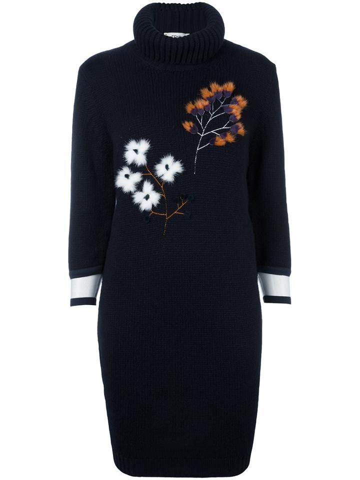 Fendi Mink Fur Branch Knit Dress, Women's, Size: 42, Blue, Cotton/mink Fur/polyamide/cashmere