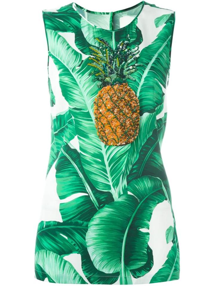 Dolce & Gabbana Sequinned Pineapple Printed Top, Women's, Size: 42, Green, Silk/spandex/elastane