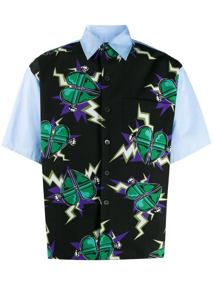 Prada Heart Print Panelled Shirt - Blue