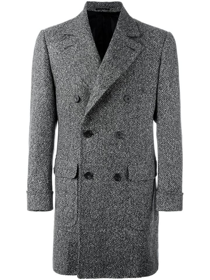 Kiton Double Breasted Long Coat, Men's, Size: 48, Black, Cupro/camel Hair/cashmere/wool
