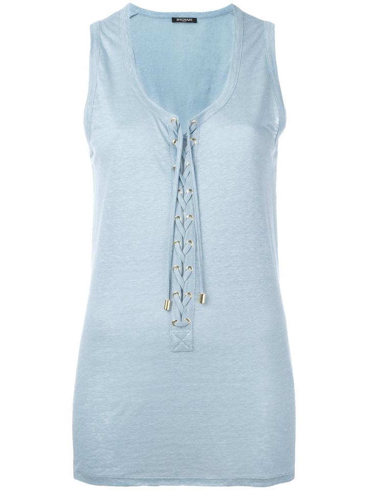 Balmain Lace-up Vest Top, Women's, Size: 36, Blue, Linen/flax