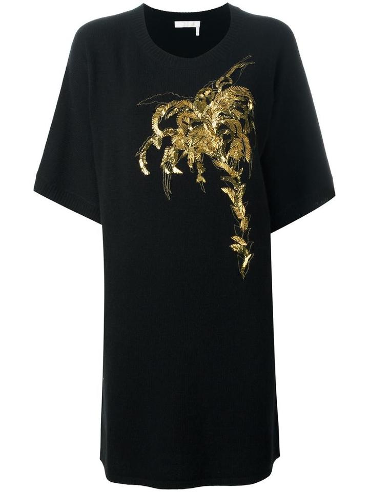 Chloé Embroidered Palm Tree Dress, Women's, Size: Medium, Black, Cotton/polyester/brass/cashmere