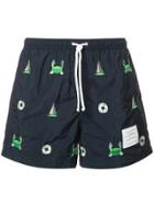 Thom Browne Swim Trunk In Funmix Icon-embroidered Navy Nylon - Blue