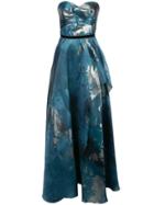 Marchesa Notte Metallic Jacquard Drape Gown - Blue
