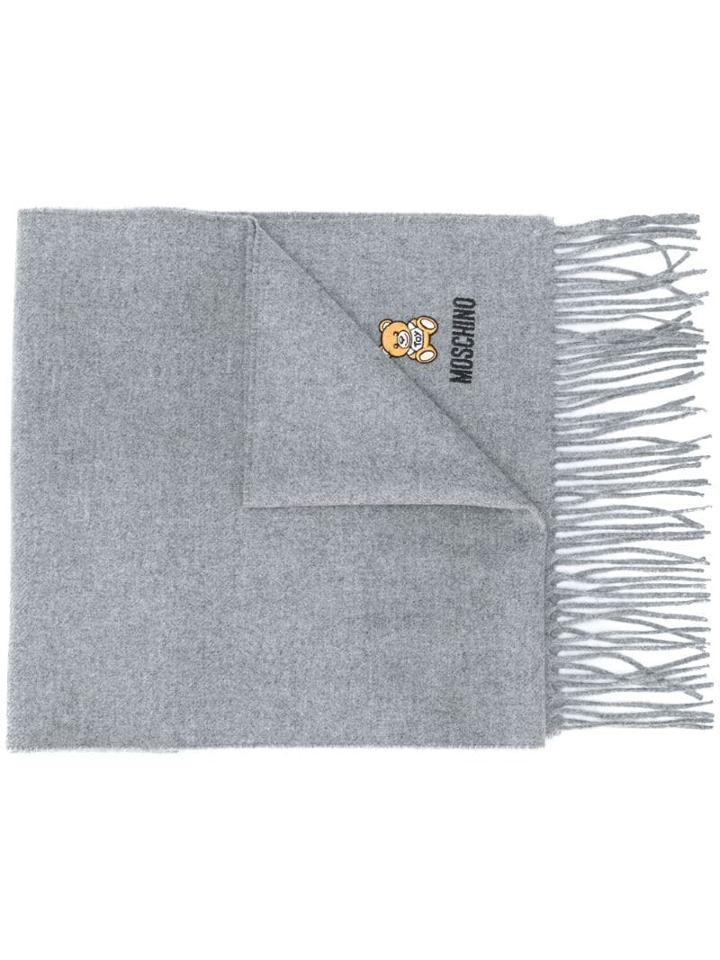 Moschino Logo-embroidered Fringed Scarf - Grey