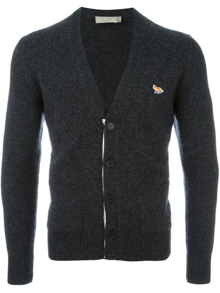 Maison Kitsuné Embroidered Logo V-neck Cardigan, Men's, Size: Medium, Grey, Lambs Wool