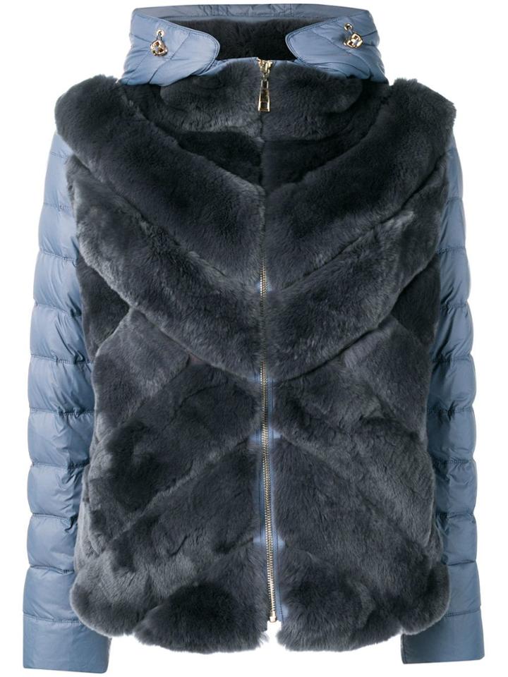 Liska Rabbit Fur Padded Hooded Jacket - Blue