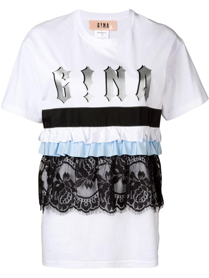 Gina Logo Ruffle Stripe T-shirt - White