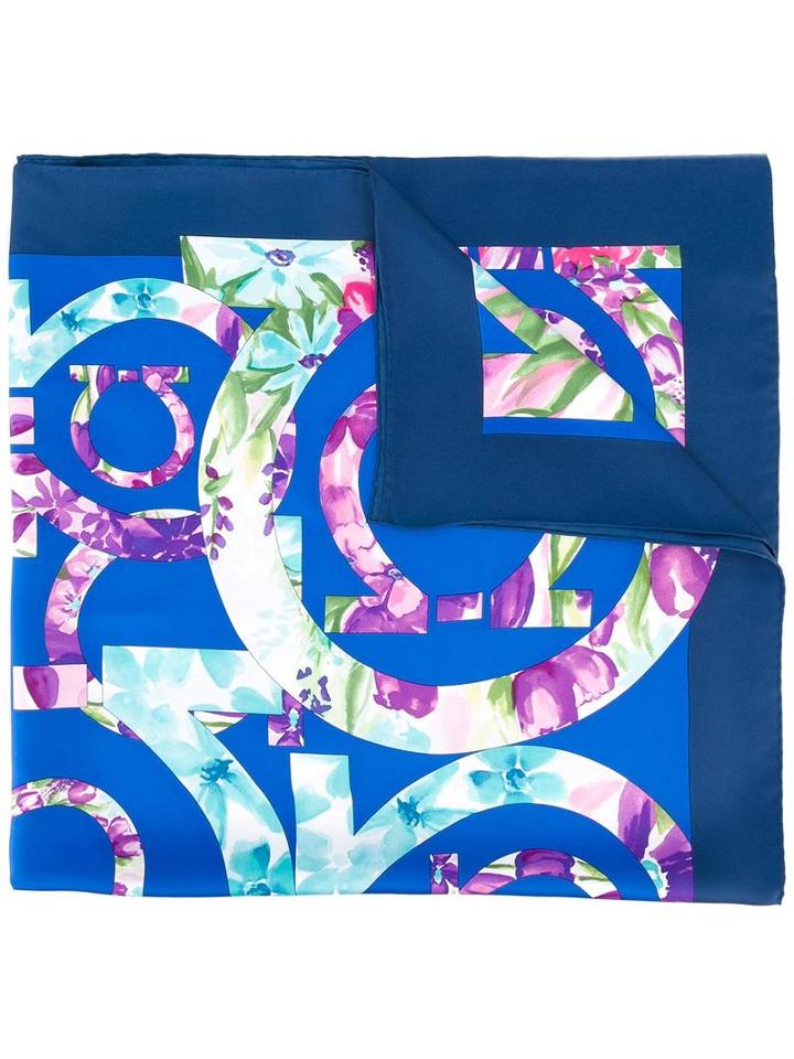 Salvatore Ferragamo Floral Logo Scarf, Women's, Blue, Silk