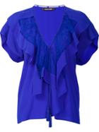 Roberto Cavalli Ruffled V-neck Blouse, Women's, Size: 40, Blue, Silk