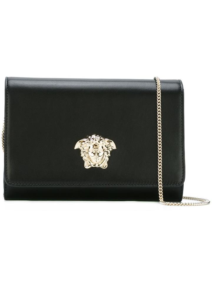 Versace 'palazzo Medusa' Patent Foldover Clutch, Women's, Black, Leather/polyester