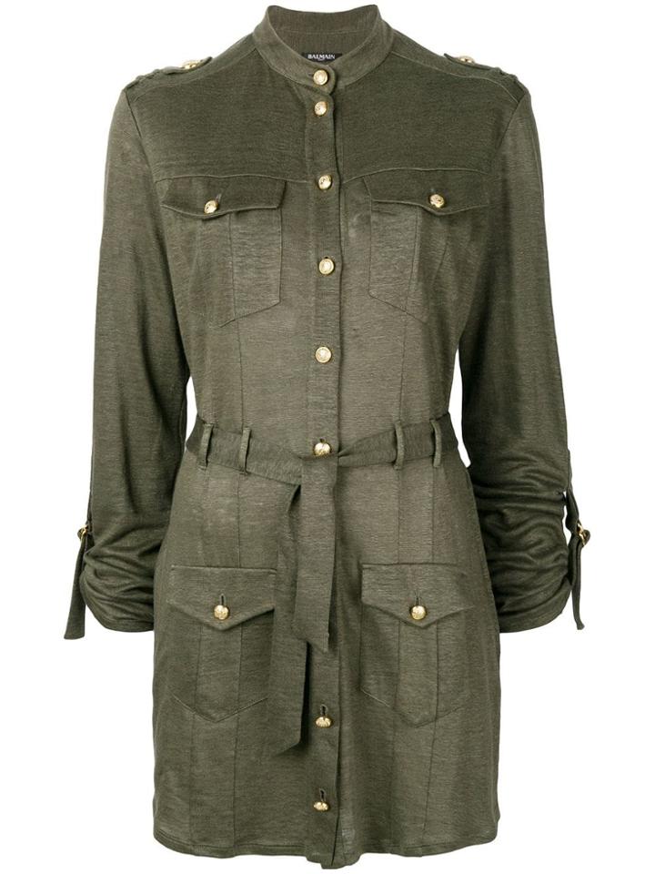 Balmain Mandarin Collar Shirt Dress - Green