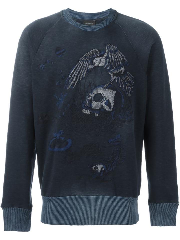 Diesel Embroidered Skull Sweatshirt, Men's, Size: Small, Blue, Cotton/polyester
