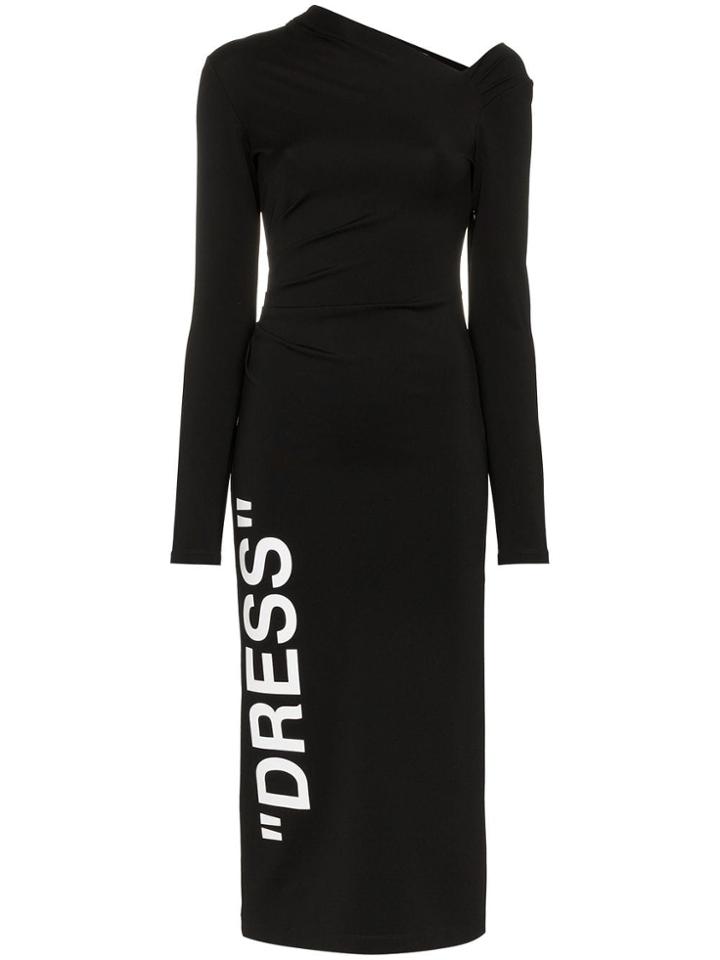 Off-white Asymmetric Neckline Fitted Midi Dress - Black