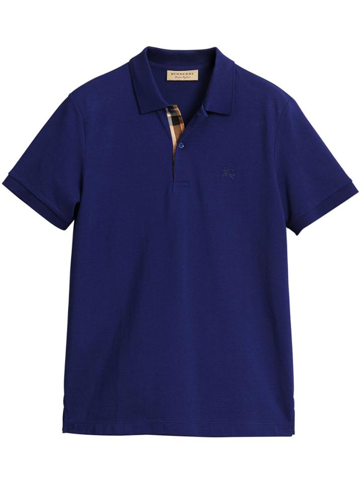 Burberry Check Placket Piqué Polo Shirt - Blue