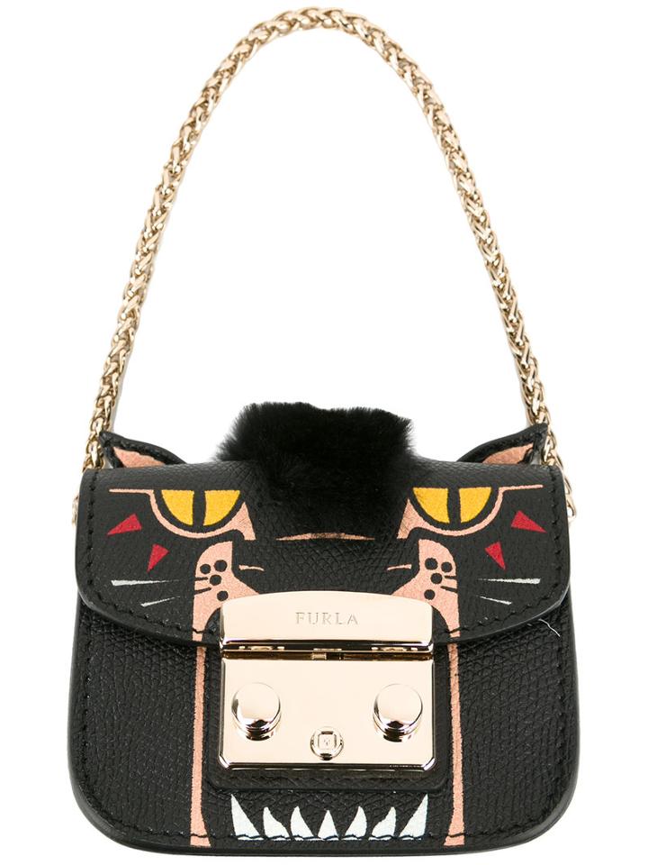 Furla Cat Face Clutch Bag, Women's, Black, Leather/rabbit Fur/nylon/viscose